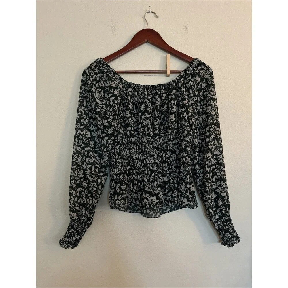 Madewell Floral Smocked Banded Long Sleeve Milk Maid Off Shoulder TOP SZ S